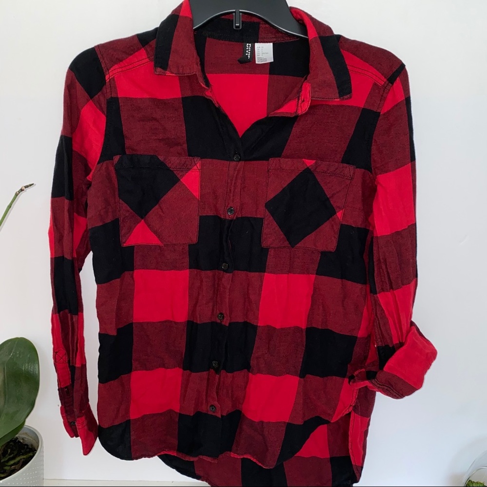 H&M Checkered Long Sleeve Women Red/Black Size2